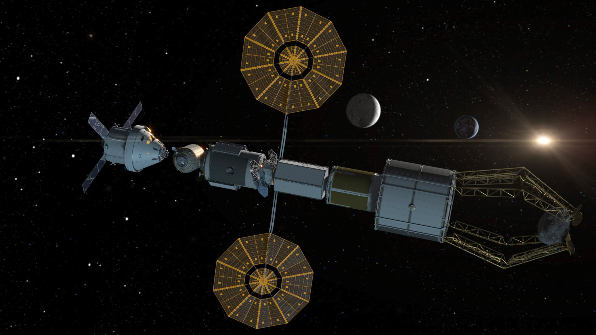 Dans le futur, pour s'amarrer à des modules orbitaux, le véhicule Orion, de la Nasa, pourrait utiliser le mécanisme d'amarrage IBDM, de l'ESA. © Nasa
