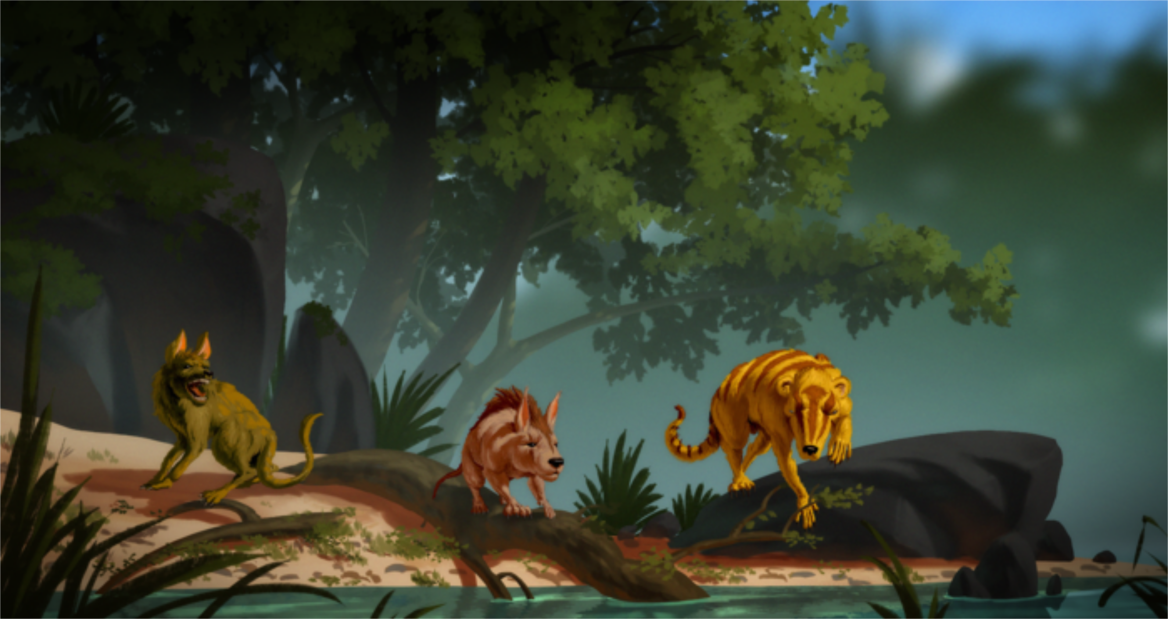 Vue d'artiste de trois nouvelles espèces de mammifères du Paléogène. De gauche à droite : Conacodon hettingeri, Miniconus jeanninae et Beornus honeyi. © Banana Art Studio