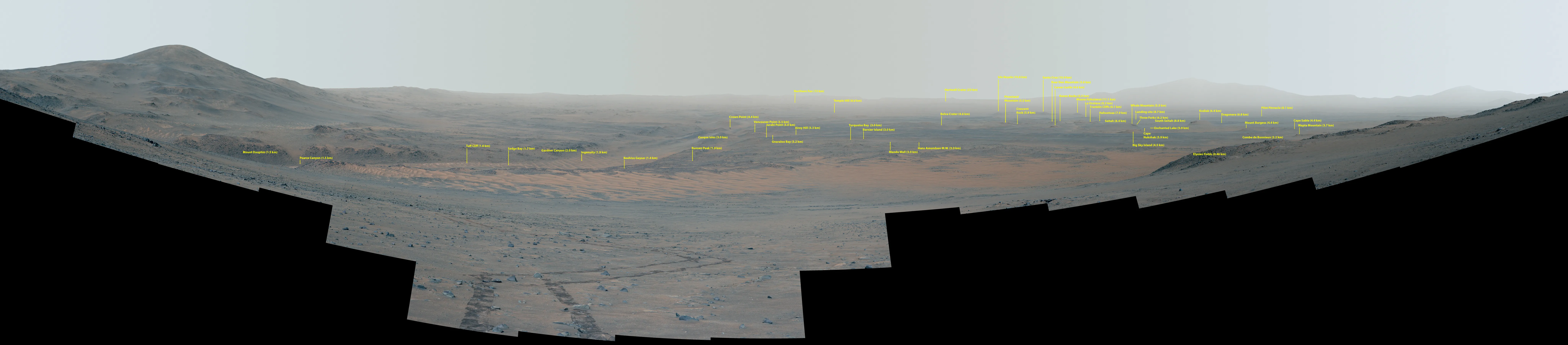 Magnifique panorama pris fin septembre par Perseverance. Plus d'une cinquantaine de sites ont été identifiés. © Nasa, JPL-Caltech, ASU, MSSS