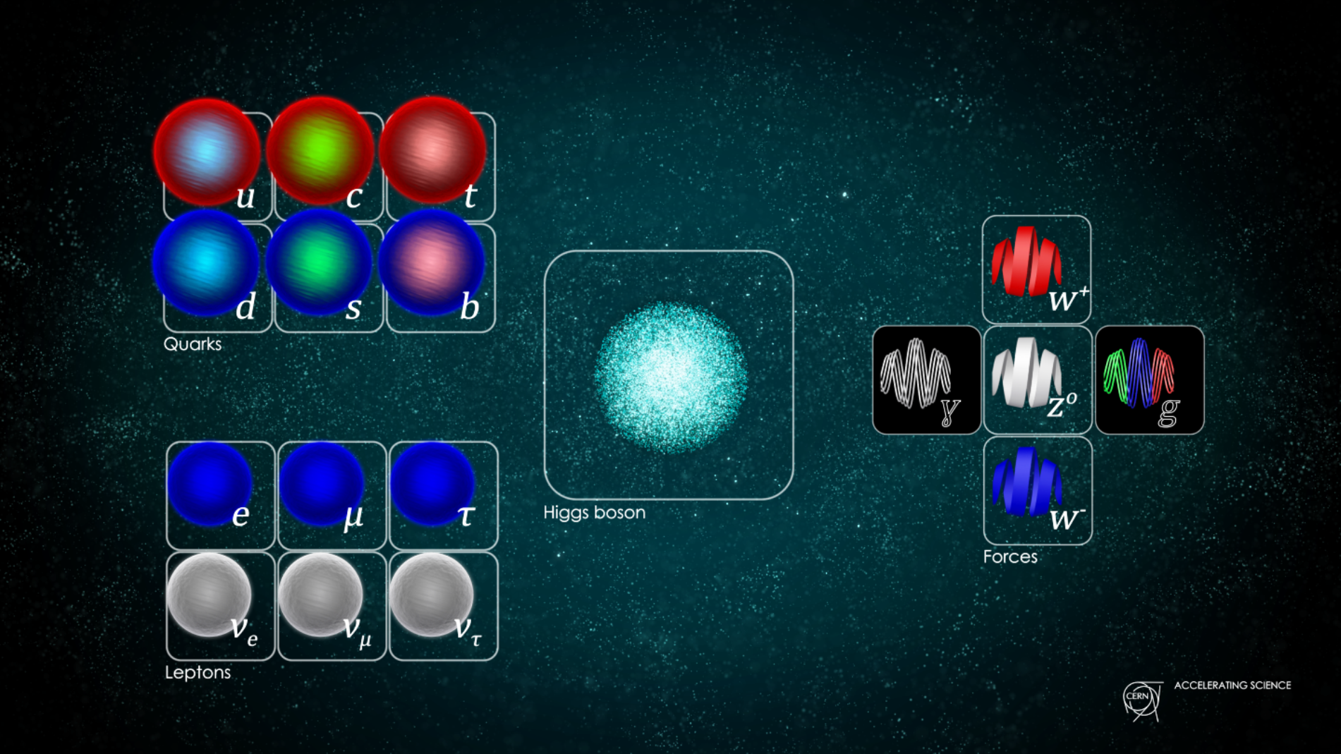 Le modèle standard des particules élémentaires, ici représenté, ignore la gravitation. Le tableau regroupe tous les quanta de matière et de force considérés comme des particules fondamentales : à gauche les quarks (notamment ceux formant les noyaux des atomes), les leptons (avec l'électron et les neutrinos) et, à droite, les vecteurs des forces (photon, bosons W+, W- et Z0 et gluon) avec, entre les deux le boson de BEH. Faudra-t-il ajouter cette année une nouvelle particule ? © Cern