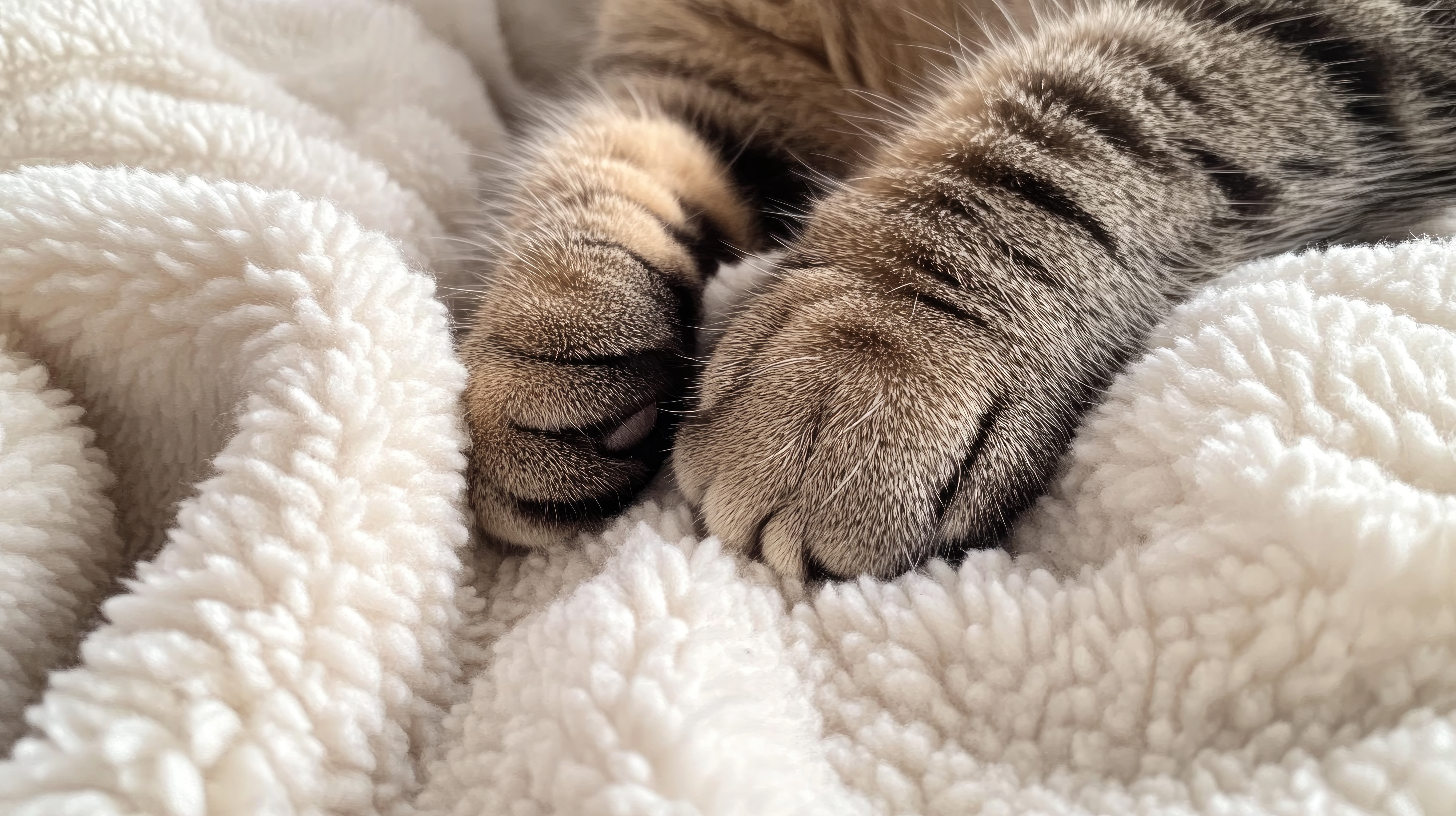 Gros plan sur les pattes d’un chat, ces précieuses petites coussinets qui cachent bien des secrets… y compris celui du pétrissage ! © sujitea, Adobe Stock