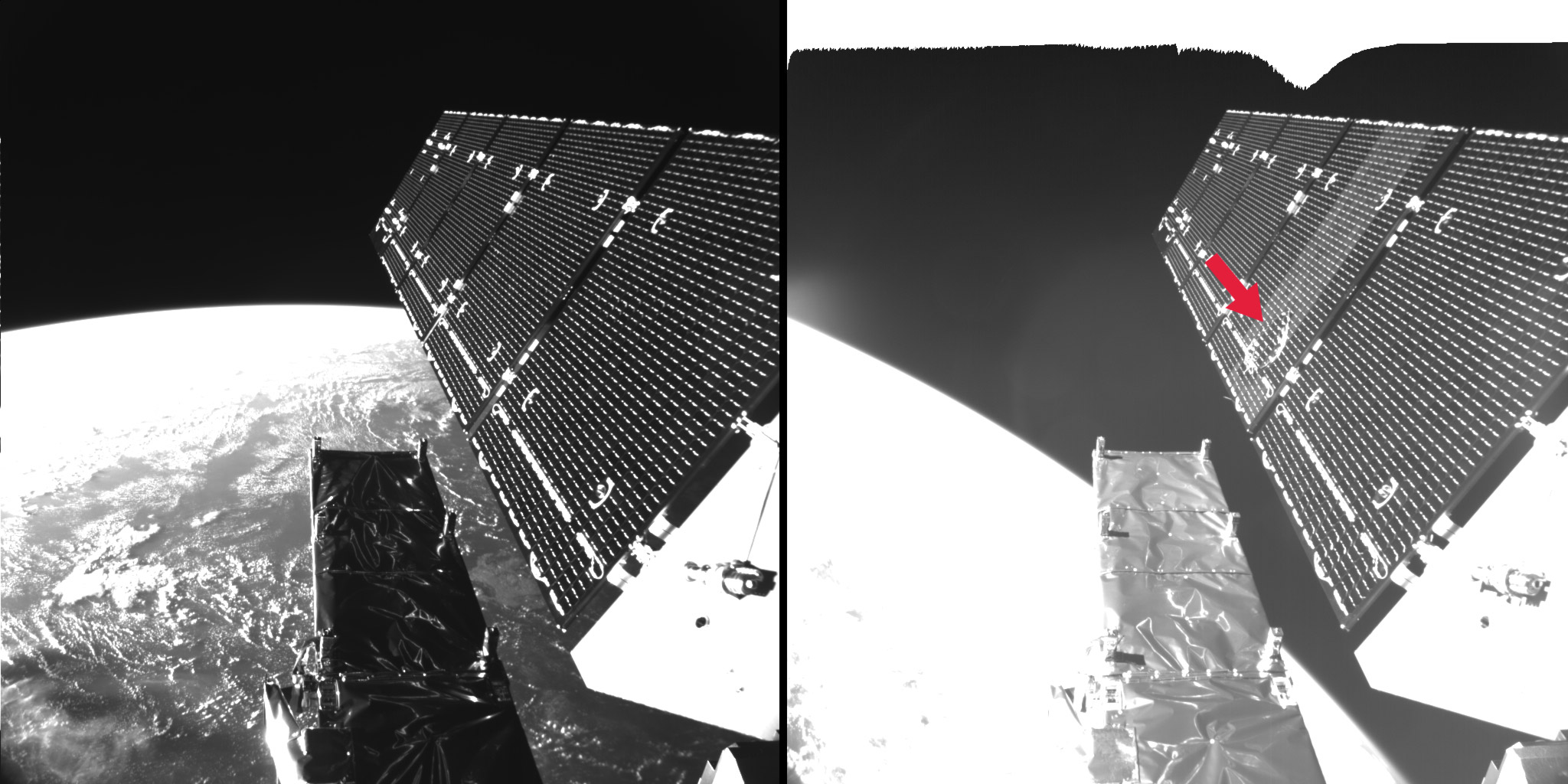 Le panneaux solaires, avant et après l'impact d'un débris contre sa surface, en août 2016. © ESA