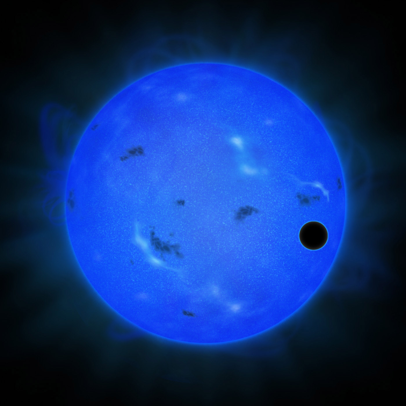 Vue d'artiste de l'étoile Gliese 1214 observée à l'aide d'un filtre pour la lumière bleue. Sur la droite, le cercle noir révèle la présence d'une superTerre effectuant un transit planétaire. C'est Gliese 1214 b. Les dernières mesures de la composition de l'atmosphère de cette exoplanète avec les instruments du téléscope Subaru sont de nouveau favorables à l'hypothèse qu'elle est riche en vapeur d'eau et pas en hydrogène. © NAOJ