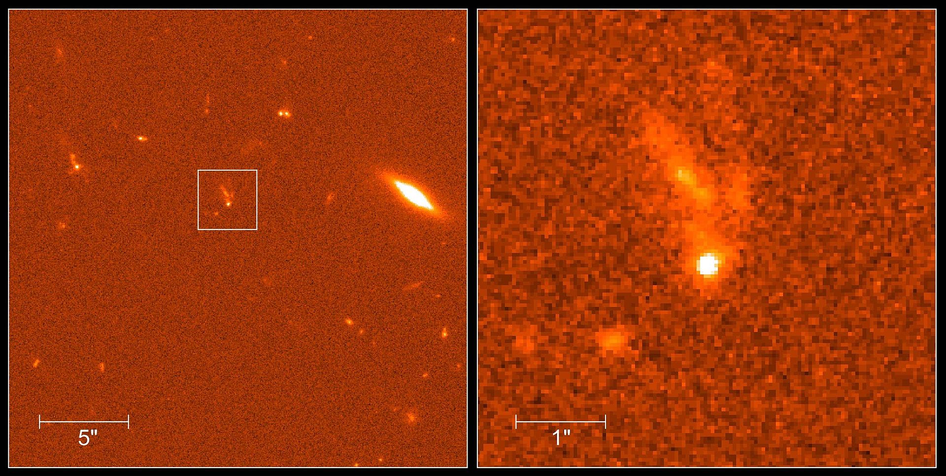 Ces photos montrent l’aspect dans le visible du sursaut gamma GRB-990123 (le point brillant au milieu du carré de droite), les 8 et 9 février 1999. L’objet au-dessus avec les filaments en forme de doigt est sa galaxie d’origine. Cette galaxie semble être déformée par une collision avec une autre. Ces images ont été prises avec le télescope Hubble. © Nasa