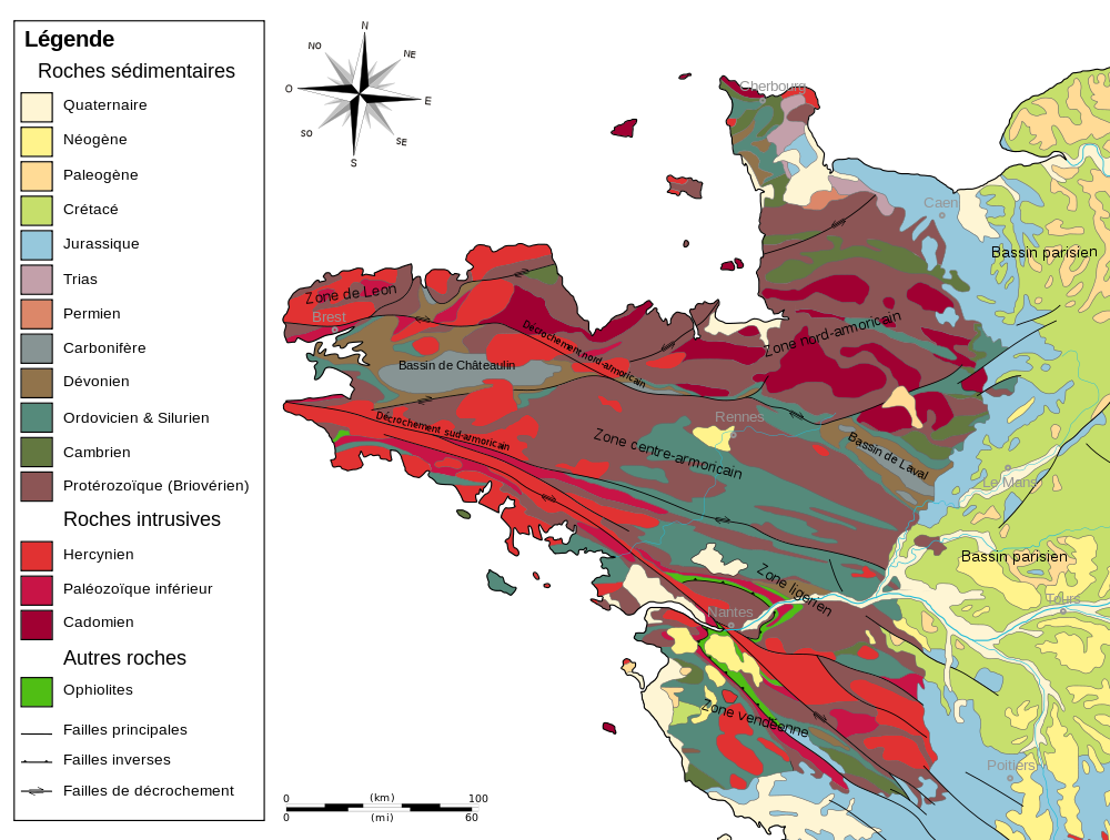 Carte géologique du Massif armoricain. © Service Géologique National, Woudloper, Wikipedia Commons