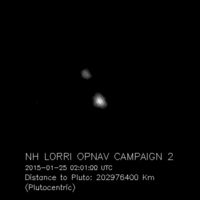 New Horizons était à un peu moins de 203 millions km de Pluton et Charon lorsque l’instrument Lorri a réalisé cette image utilisée pour les opérations de navigation (OpNav). C’était le 25 janvier 2015 soit 85 ans après la découverte de la planète naine par Clyde Tombaugh (ses cendres sont à bord de la sonde spatiale). Son rendez-vous avec Pluton est prévu le 14 juillet prochain. Cliquez ici pour voir l’animation. © Nasa, Johns Hopkins University Applied Physics Laboratory, Southwest Research Institute