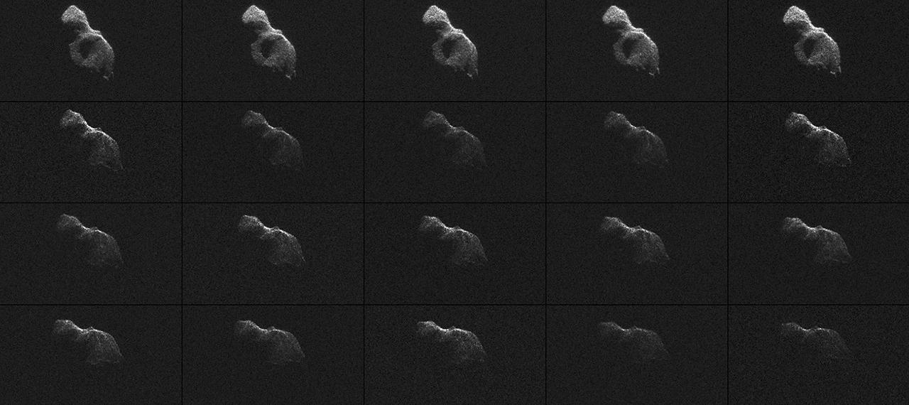 Découvert le 23 avril 2014 par Neowise, « gardien de l’espace » pour la Nasa, l’astéroïde 2014 HQ124 apparaît sur les images radar comme une cacahuète longue de 370 m. Collectés le 8 juin peu de temps après son passage au plus près de la Terre (à 1,25 million de km), les 21 clichés furent capturés par les antennes de Goldstone et Arecibo durant 4 h 30, l’astéroïde était distant alors de 1,39 à 1,45 million de km. © Nasa, JPL-Caltech, Arecibo Observatory, USRA, NSF.