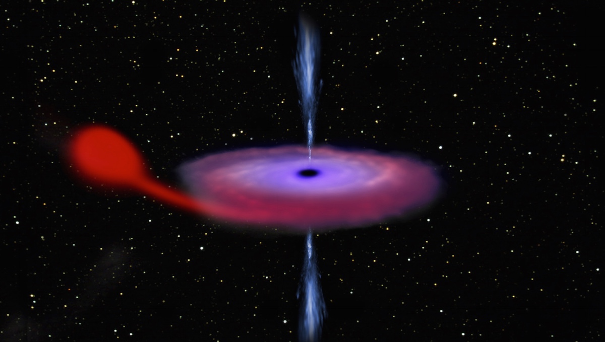 Illustration d’un système binaire où une étoile se fait dévorer par son compagnon, en l’occurrence un trou noir de type stellaire. Une situation que connait le système V404 Cygni, à environ 8.000 années-lumière de nous. Depuis le 15 juin, de puissantes émissions en rayon X ont été détectées (d’abord par Swift), trahissant un réveil soudain après que le barrage qui retenait la matière aspirée de l’étoile des décennies durant s'est brisé. Cela ne s’était pas produit depuis 1989. © Esa, ATG Medialab