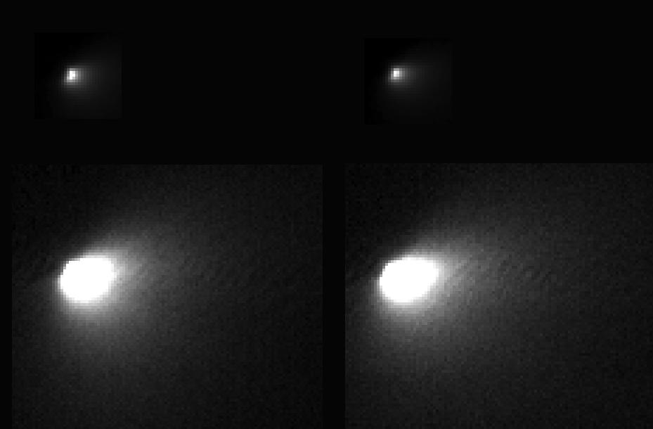 La comète C/2013 A1 Siding Spring photographiée le 19 octobre à 138.000&nbsp;km de distance avec la caméra haute résolution de la sonde spatiale américaine Mars Reconnaissance Orbiter. La taille du noyau de cet astre venu pour la première fois des confins du Système solaire est désormais estimée à moins de 500 mètres. © Nasa, JPL-Caltech, University of Arizona