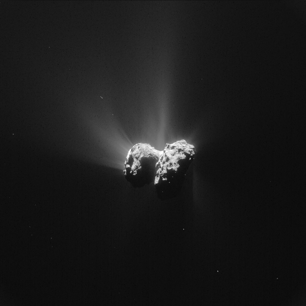 Vue d’ensemble du noyau de Tchouri photographié avec la caméra de navigation de Rosetta, le 15 juin 2015, à 207 km de distance. Les jets de gaz se multiplient à l’approche du périhélie, notamment dans la région dite du cou, entre les deux lobes et celle du plus petit des deux (à gauche) ici exposée au Soleil. © Esa, Rosetta, NavCam – CC BY-SA IGO 3.0