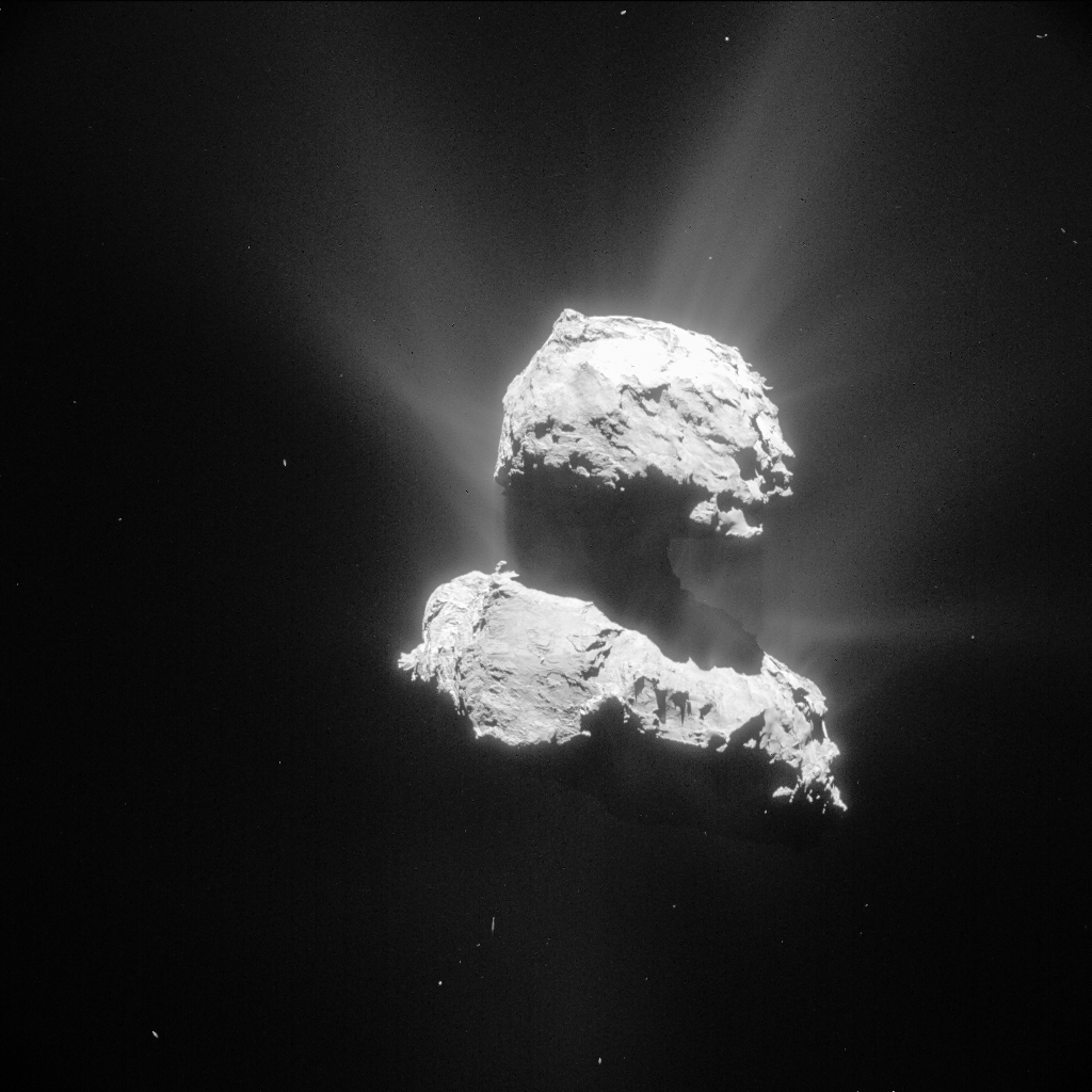 On ne compte plus les jets de poussière émis par le noyau de 67P/Churyumov-Gerasimenko et visibles sur cette photo prise par la caméra de navigation (NavCam) de Rosetta le 26 avril, à 98 km de distance. L’image couvre une aire de 8,6 km. © Esa, Rosetta, NavCam, CC by-sa 3.0 igo