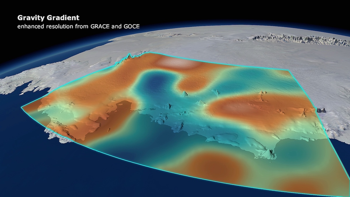 En Antarctique occidental, des modifications du champ de gravité ont été identifiées dans les données acquises par le satellite Goce (Esa) entre 2009 et 2012, recoupées avec celles de Grace (Nasa). La fonte massive des glaces qui recouvrent cette région a modifié la gravité locale. Les taches orangées marquent les régions où elle a le plus diminué. © DGFI, Planetary Visions