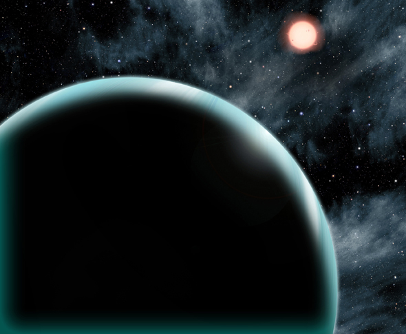 Illustration de Kepler-421b, exoplanète de la taille d’Uranus gravitant au-delà de la « ligne de glace ». Au cours des 4,3 années d’observation du satellite Kepler, l’astre n’est passé que deux fois devant son étoile, la naine orange Kepler-421 distante de 1.000 années-lumière de la Terre. © David A. Aguilar (CfA)