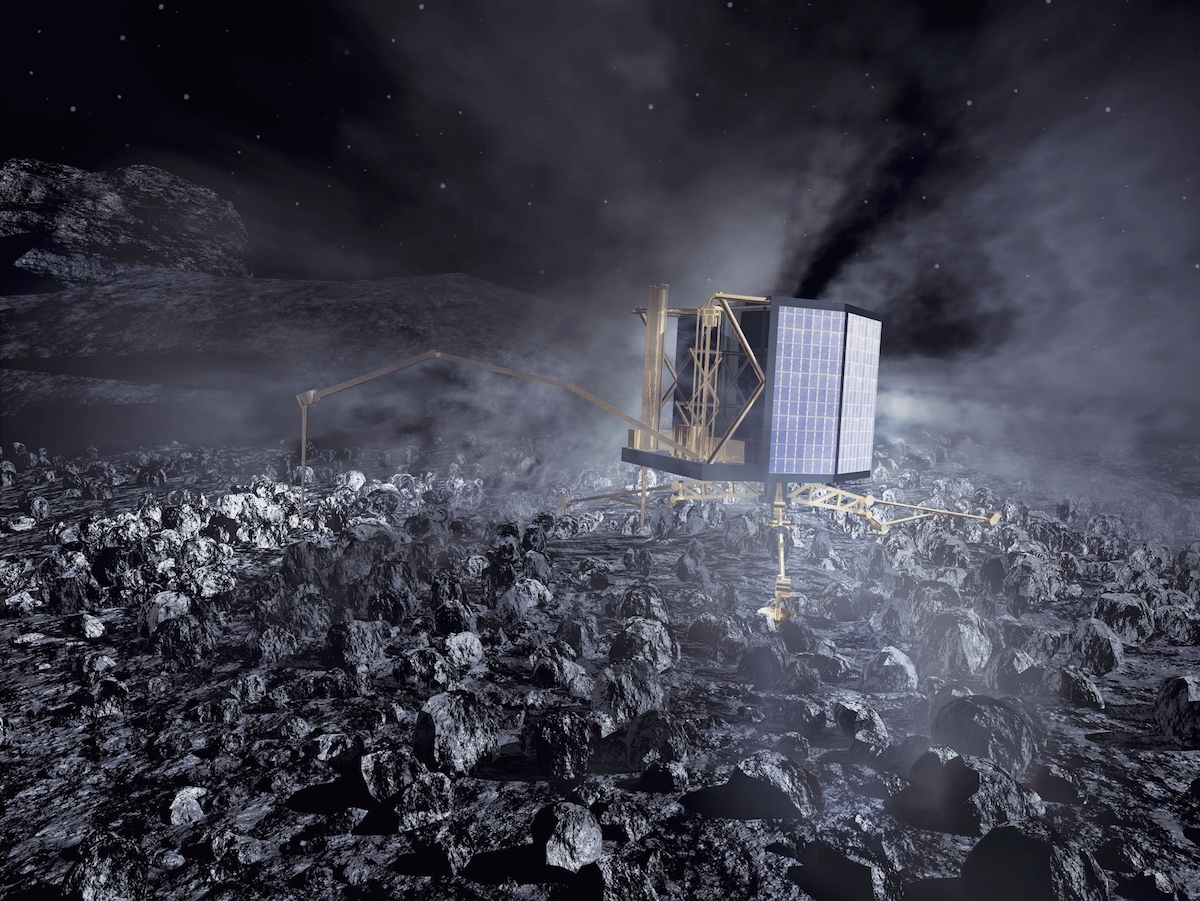 Le robot Philae est resté muet depuis la dernière transmission du 9 juillet. Il est ici illustré en activité sur le noyau de la comète 67P/Churyumov-Gerasimenko. © Esa, ATG medialab
