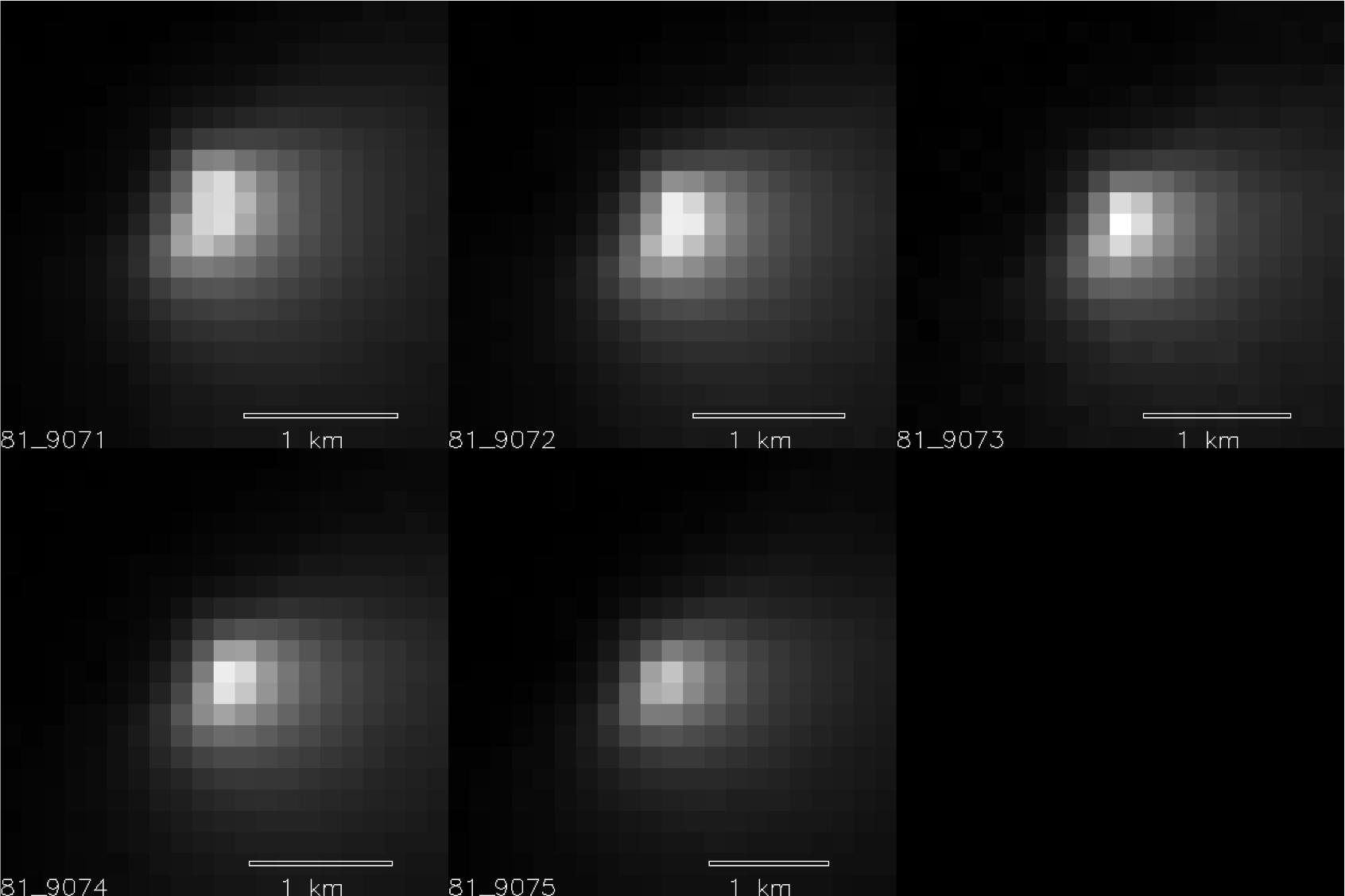 Cinq clichés pris par la caméra HiRise de MRO, le 19 octobre 2014 alors que C/2013 A1 Siding Spring passait à moins de 150.000 km de la surface de Mars. © Nasa, JPL-Caltech, University of Arizona