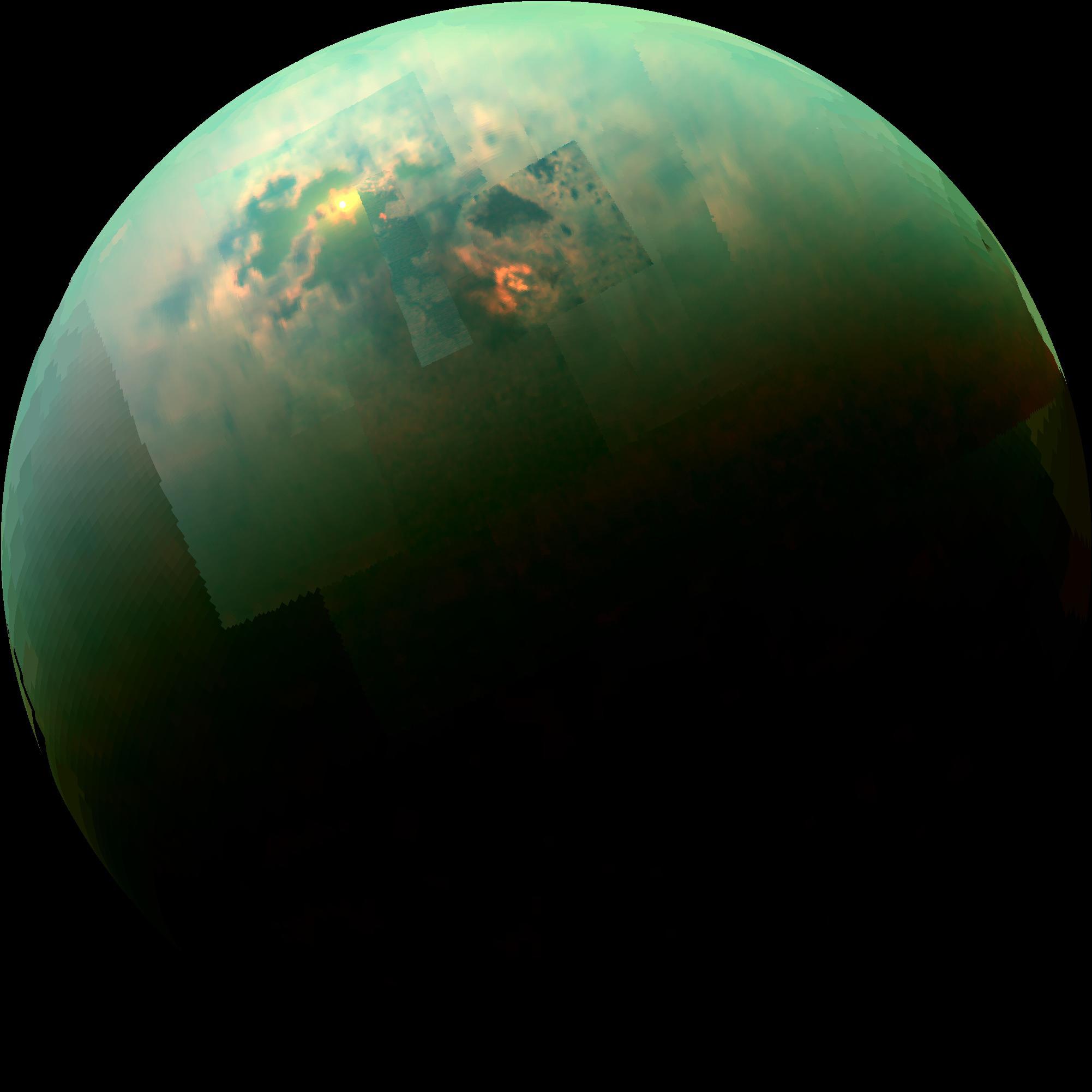 Sur Titan, le&nbsp;reflet du Soleil sur la surface d’hydrocarbures de Kraken Mare, photographié dans l’infrarouge avec l’instrument Vims de Cassini, le 24 août 2014. Si nous avions été présents à cet endroit, nous aurions distingué à travers l’épaisse atmosphère de cette grande lune de Saturne, le Soleil élevé à environ 40° au-dessus de l’horizon. © Nasa, Esa, JPL-Caltech, University of Arizona, University of Idaho