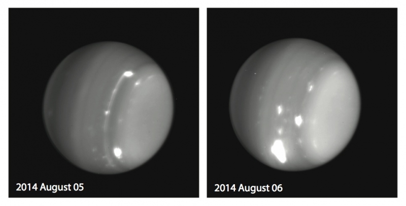 Au cours de la nuit du 5 au 6 août 2014, une équipe d’astronomes emmenée par Imke de Pater a assisté à l’émergence d’une tempête particulièrement lumineuse à la surface d’Uranus. Les clichés ci-dessus ont été réalisés dans le proche infrarouge avec la caméra&nbsp;NIRC2 installée au foyer du télescope de 10&nbsp;m de diamètre Keck&nbsp;II. L’optique adaptative dont il bénéficie permet d’obtenir des images en haute résolution, souffrant très peu de la turbulence atmosphérique. © Imke de Pater (université de Berkeley), Keck observatory