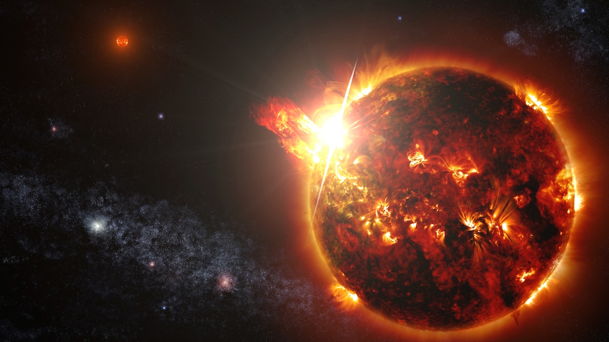 Illustration du couple de naines rouges DG Canum Venaticorum ou DG CVn, situé à quelque 60 années-lumière du Système solaire. L’une d’elles connut plusieurs éruptions dont la plus importante fut 10.000 fois plus puissante que l’éruption solaire la plus intense connue, enregistrée en novembre 2003. Sa luminosité dans le rayonnement X dépassait celle des deux astres dans toutes les longueurs d’onde. © Nasa, Goddard Space Flight Center, S. Wiessinger