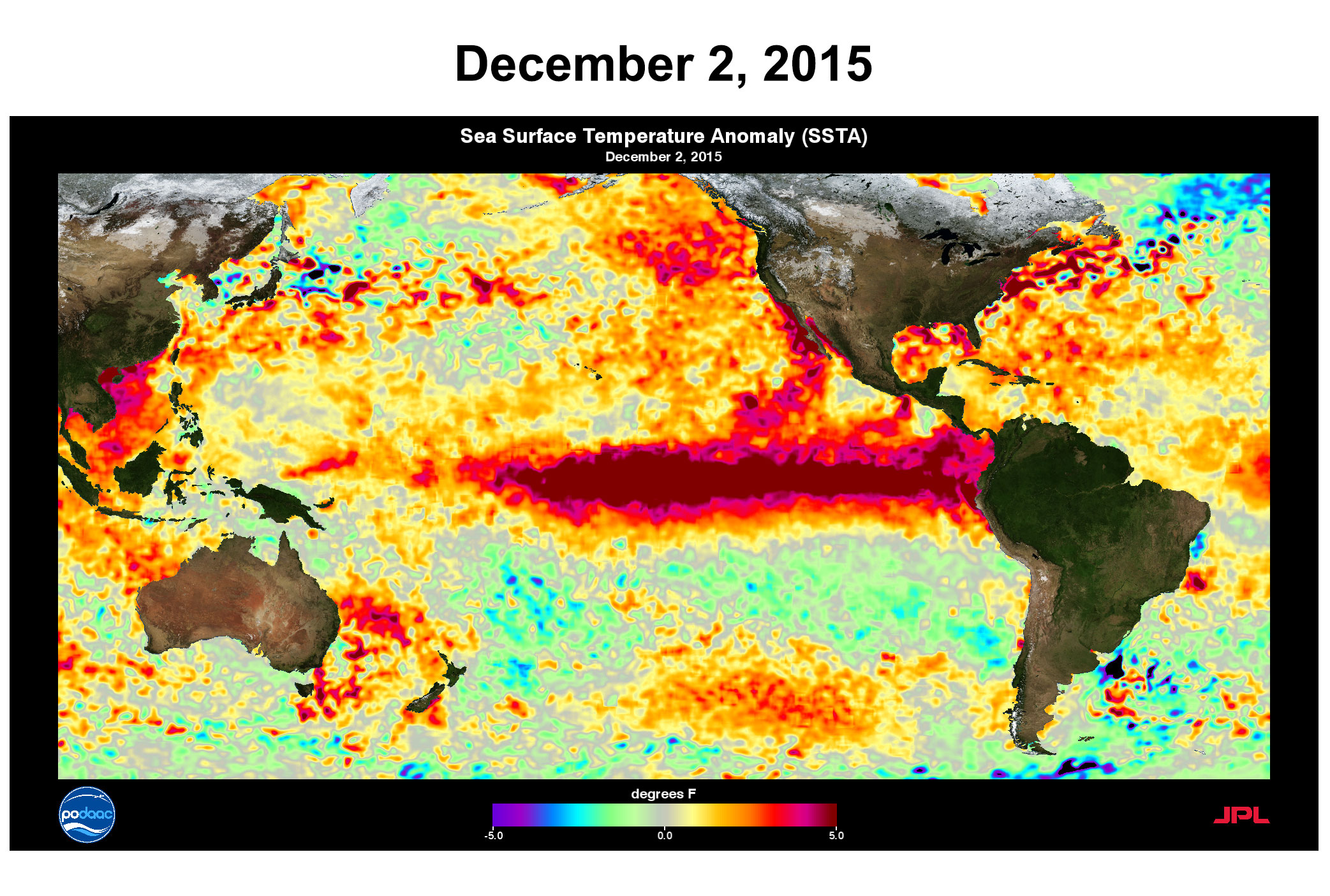 Des anomalies des températures de surface des océans ont été constatées le 2 décembre 2015. Le phénomène El Niño est ici bien visible, sur la ceinture équatoriale de l’océan Pacifique. © Nasa, JPL, PODAAC, NOAA