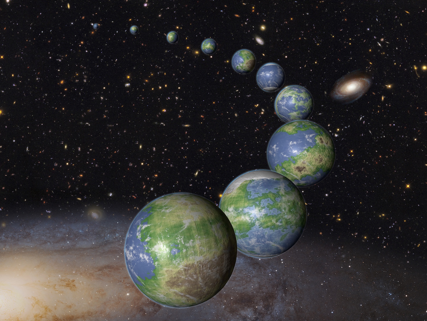 Illustration d’une pluralité de terres à travers le cosmos. Nous vivons sur une petite planète rocheuse formée il y a près de 4,6 milliards d’années. Selon une étude de la Nasa, toute la matière première nécessaire à la formation des étoiles et des planètes n’avait alors permis l’apparition que de 8 % de planètes de type terrestre dans la zone habitable de leur étoile. Loin d’être taries, les ressources d’hydrogène et d’hélium sont à même de fournir d’ici la fin des temps, les 92 % restants… Bref, 10 fois plus qu’aujourd’hui, des centaines de milliards d’exoterres. © Nasa, Esa, G. Bacon (STScI)
