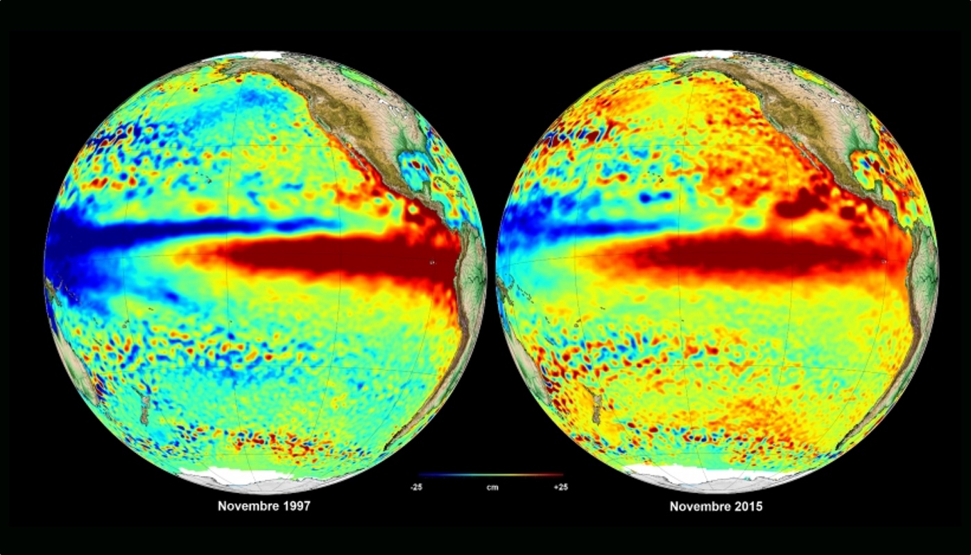 El Niño est visible en rouge sur ces images qui présentent les anomalies du niveau de la&nbsp;mer. À gauche, l’épisode de 1997 vus par Topex-Poséidon en novembre de cette année. À droite, les&nbsp;mesures effectuées en novembre 2015 par Jason-2, Saral-Altika, HY-2A et Cryosat. «&nbsp;Il devrait atteindre son paroxysme fin décembre puis disparaître au printemps&nbsp;» prévoit Émilie Bronner, spécialiste&nbsp;des satellites altimétriques au Cnes. © Aviso, Cnes, CLS 2015