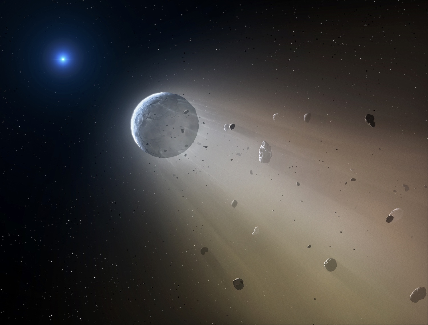 Illustration d’une planète en déconstruction autour de la naine blanche WD 1145+017. Les observations de Kepler indiquent qu’un anneau de débris entoure l’étoile compacte. Un objet aussi gros qu’un astéroïde occulte jusqu’à 40 % de la lumière de l’étoile compacte&nbsp;toutes les 4,5 heures et s’accompagne d’une trainée de poussières. © CfA, Mark A. Garlick 