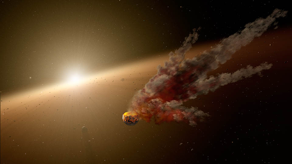 Illustration du nuage de débris observé dans l’infrarouge avec le télescope spatial Spitzer. Il fut vraisemblablement produit par la collision de deux astéroïdes (ou planétoïdes), entre août et décembre 2012, au sein du vaste disque de poussières et de planétésimaux qui entourent la très jeune étoile NGC 2547– ID8, à 1.200 années-lumière de nous. © Nasa, JPL-Caltech, R. Hurt (Ipac)