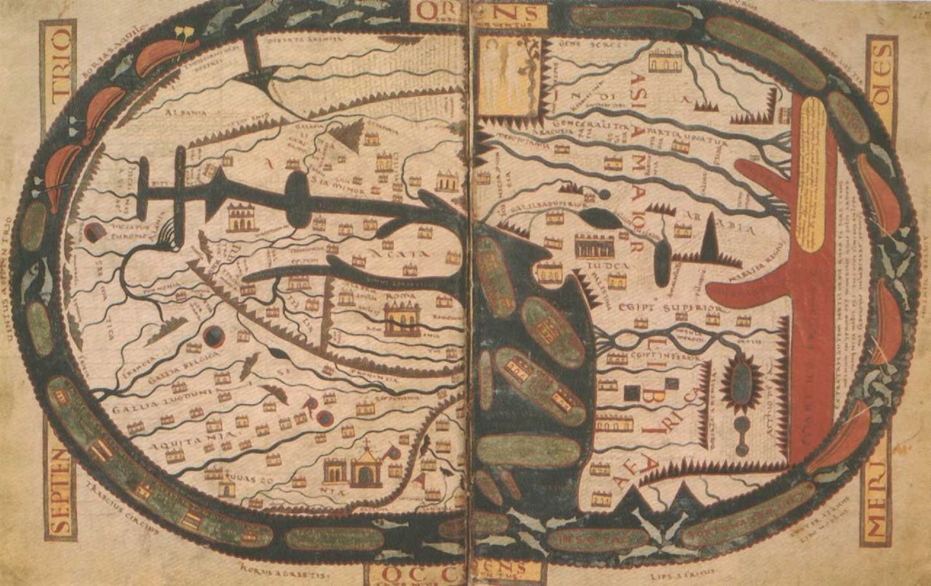 Mapa Mundi de Beatus de Liébana indiquant l’est en haut © Beatus of Liébana, Wikimedia Commons, domaine public