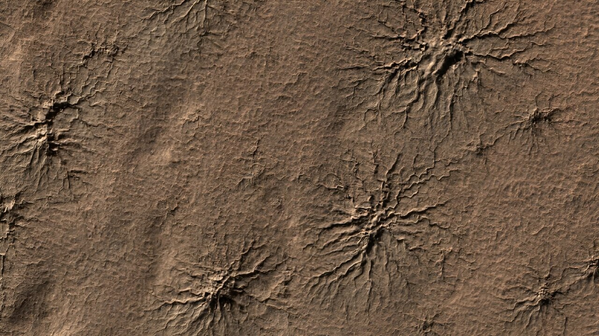 Structures en forme d'araignées observées à la surface de Mars. Ici, une image prise en 2009 par la sonde de la Nasa Mars Reconnaissance Orbiter. © NASA, JPL-Caltech, University of Arizona