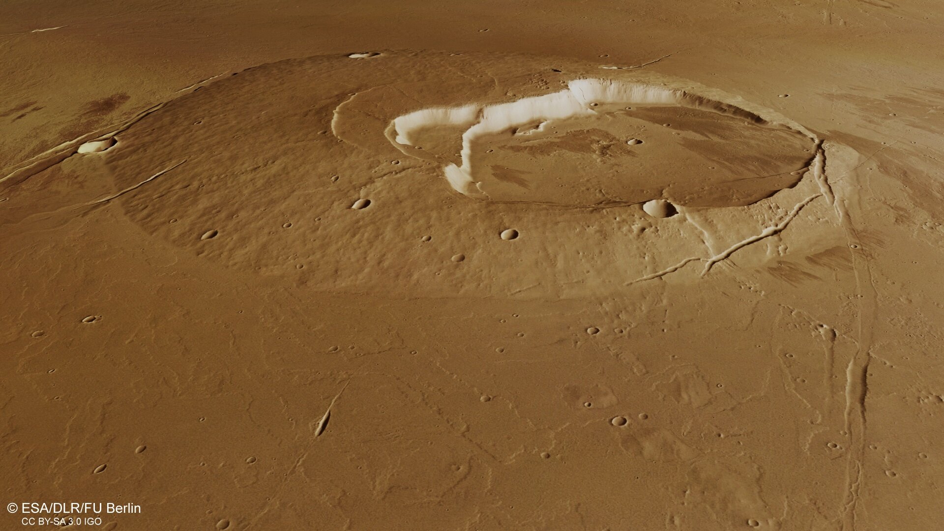 Le volcan martien Jovis Tholus, émergeant d'une ancienne mer de lave. © ESA, DLRF, U Berlin, CC by-sa 3.0 igo