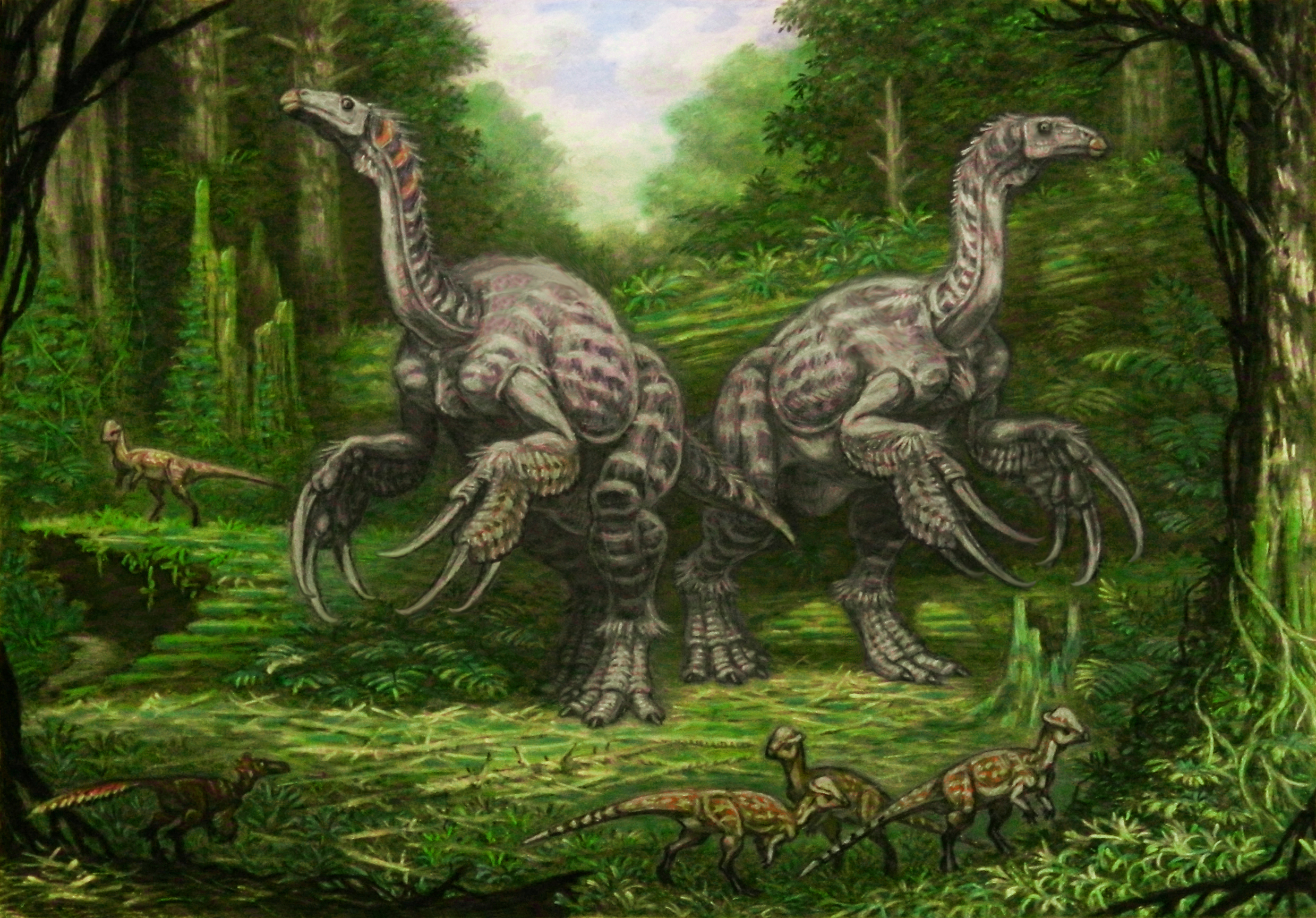Illustration de therizinosaurus qui possédait d'étranges griffes à la fonction incertaine. © ABelov2014, Wikimedia Commons, CC by 3.0