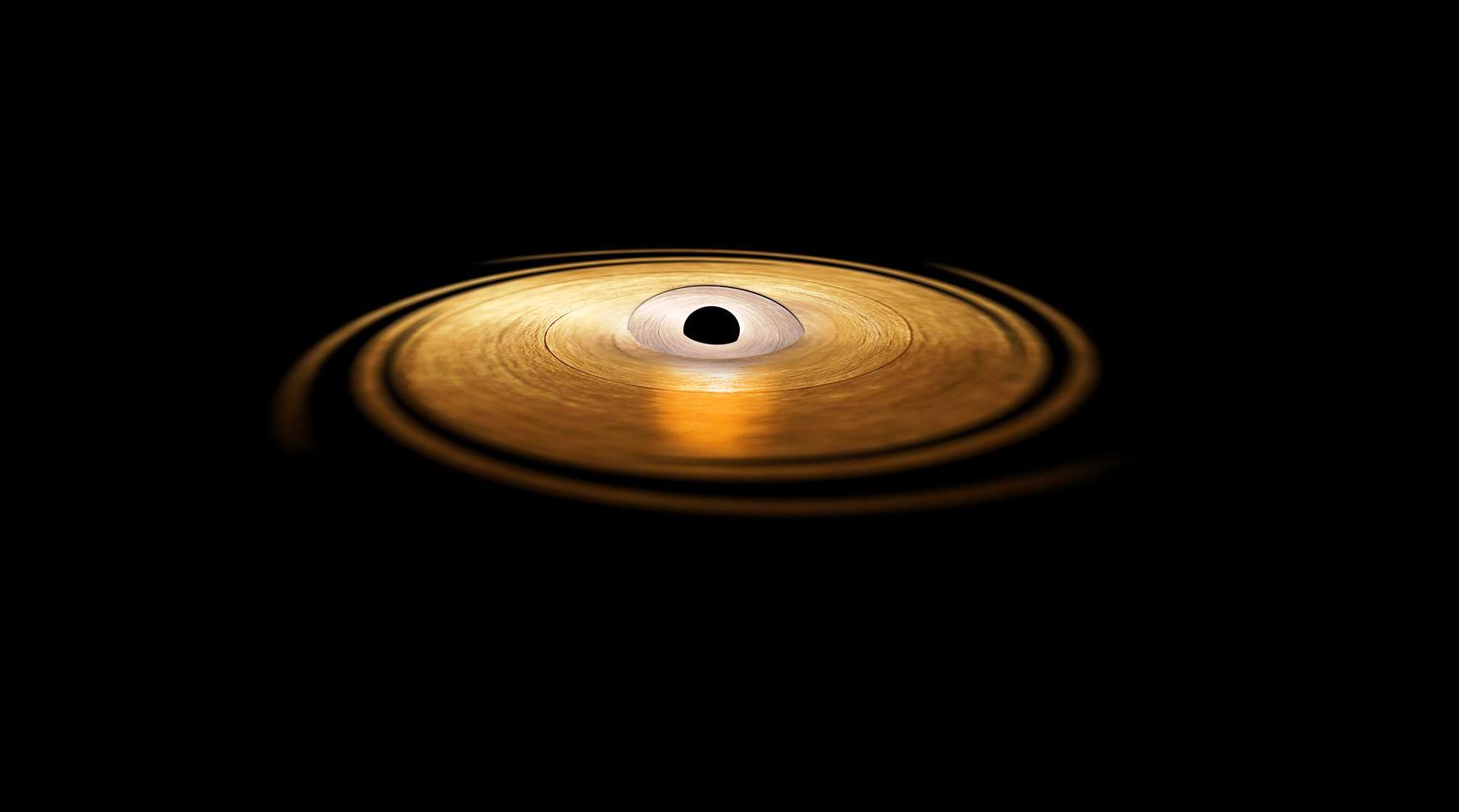 Vue d'artiste du phénomène de précession du disque d'accrétion interne produit par l'effet Lense-Thirring autour du trou noir stellaire H1743−322. © Esa, ATG Medialab