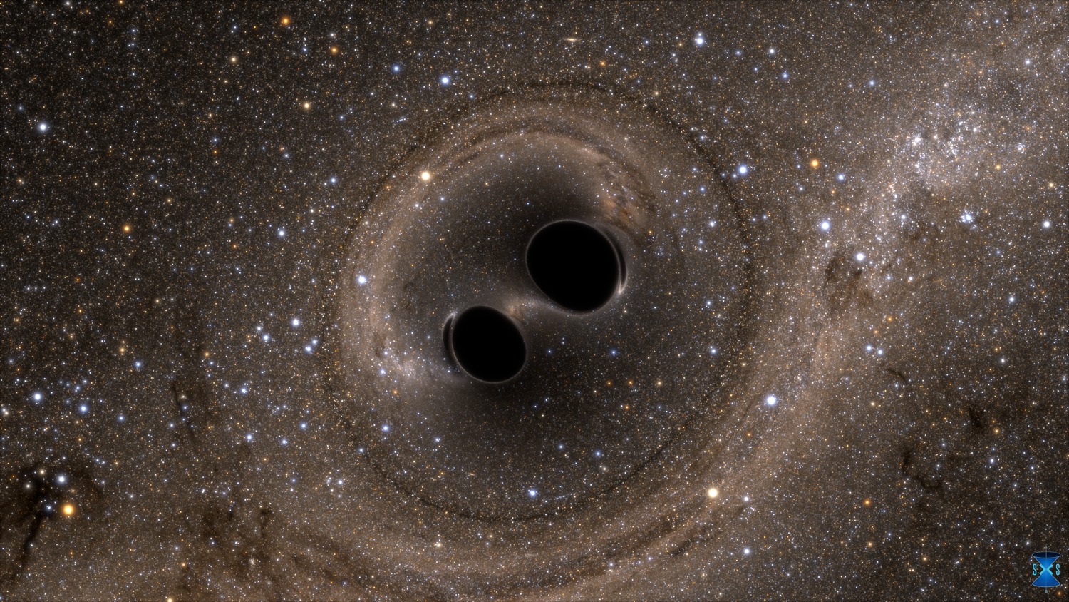 Ligo (Laser Interferometer Gravitational-Wave Observatory) a permis de détecter l'onde gravitationnelle produite par la collision puis la fusion de deux trous noirs d'environ 30 masses solaires chacun. Mais à quoi aurait ressemblé visuellement l'évènement pour des observateur installés à quelques milliers de kilomètres ? Des simulations numériques permettent de le découvrir. Cette image, qui illustre des effets de lentille gravitationnelle, est extraite de l'une d'elles. © SXS (Simulating eXtreme Spacetimes project)