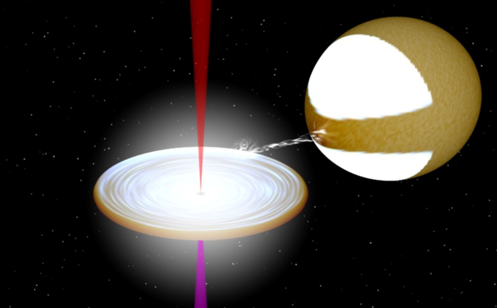 Lorsqu'un trou noir fait partie d'un système binaire avec une étoile suffisamment proche de lui, il lui arrache de la matière. Le gaz capturé s'échauffe et tombe en spirale en formant un disque d'accrétion autour du trou noir, comme sur cette vue d'artiste. Des processus encore mal compris aux abords de ce trou noir engendrent alors des jets de matière, dont on sait seulement avec certitude qu'ils contiennent au moins des électrons fonçant à des vitesses proches de&nbsp;celle de la lumière. © J. Miller-Jones (Icrar), avec un programme crée par R. Hynes
