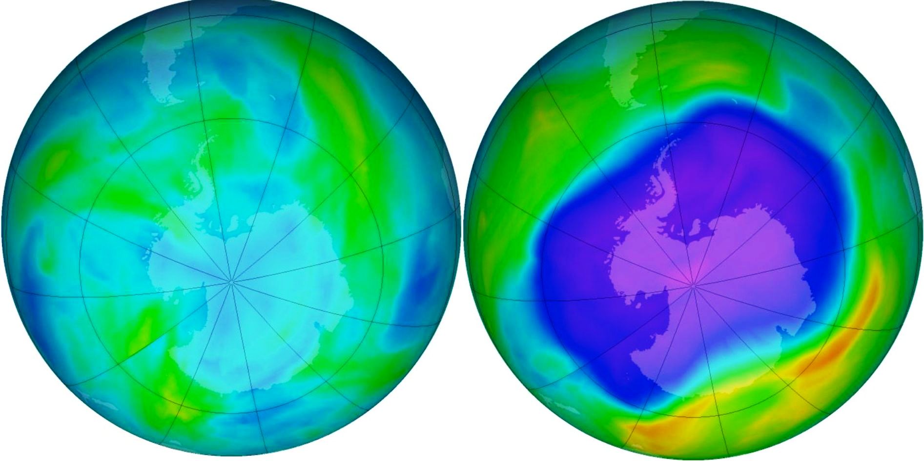 Le trou dans la couche d’ozone au-dessus de l’Antarctique s’ouvre et se ferme au gré des saisons. Durant l'hiver austral, l'ozone stratosphérique est en quantité normale (l'image de gauche montre la situation en avril 2006). La quasi-totalité se trouve détruite chaque année au printemps austral (comme sur l'image de droite, en septembre 2006). L’épaisseur totale d’ozone est alors diminuée de moitié. Une diminution de l’ozone se produit également, mais avec une moindre amplitude, au printemps boréal au-dessus de l’Arctique. © NOAA, KNMI, ESA