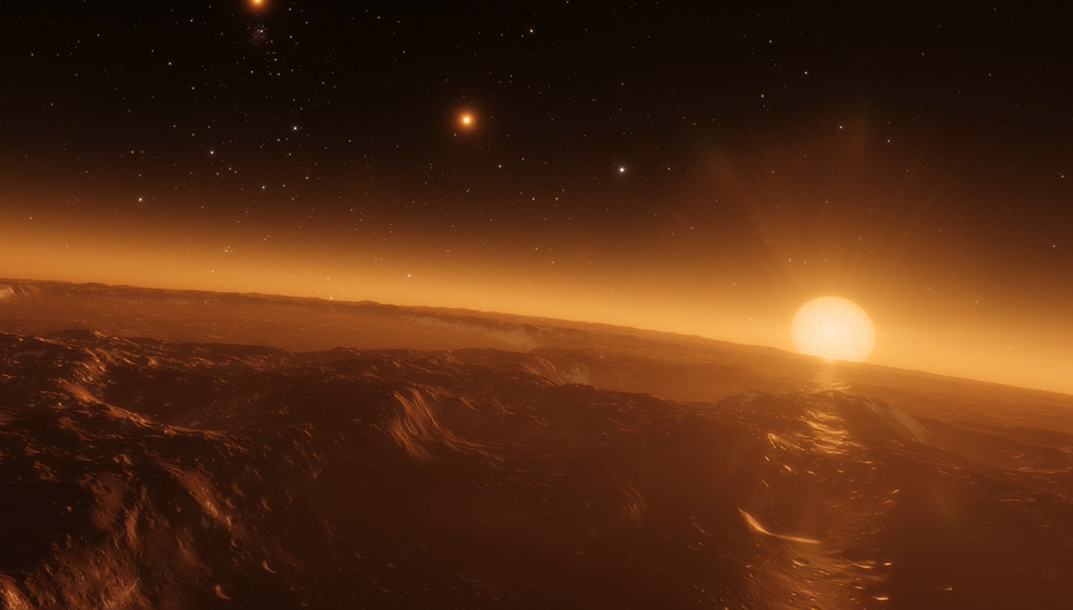 Vue d'artiste d'un possible environnement sur une des planètes tournant autour de l'étoile Trappist-1, qui pourrait effectivement abriter un océan. © ESO