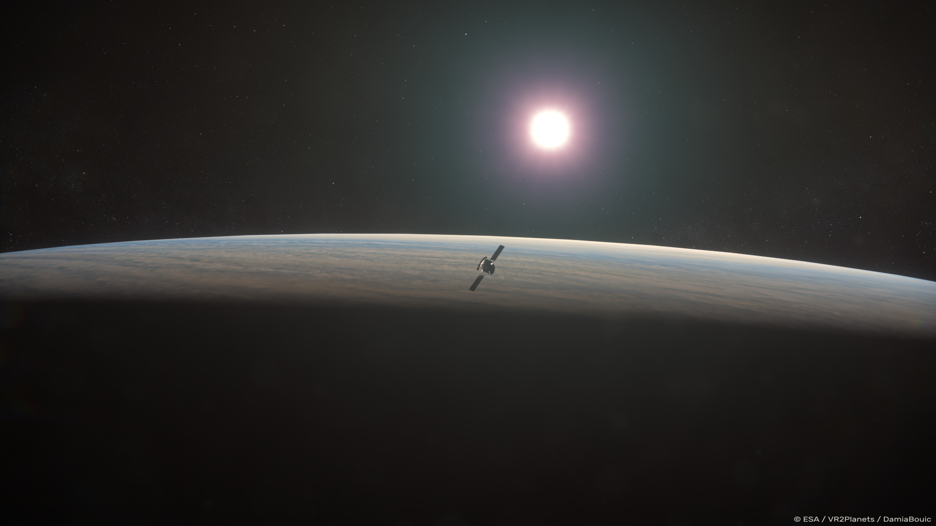 Vue d'artiste. EnVision est la mission qui va scruter Vénus, cette voisine la plus proche de la Terre, et déterminer pourquoi elle est si différente. © ESA, VR2Planets, DamiaBouic