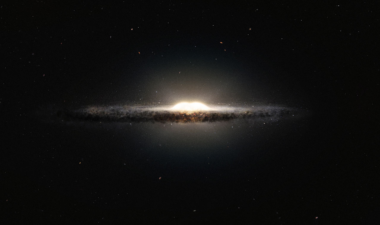 Cette vue d'artiste montre à quoi la Voie lactée ressemblerait si nous l'observions depuis le dessus et sous un angle différent de celui que nous avons depuis la Terre. Le bulbe central apparaît sous la forme d'une cacahuète constituée d'étoiles rougeoyantes, et les bras spiraux ainsi que les nuages de poussières associés constitueraient une bande étroite. © M. Kornmesser et R. Hurt, Eso, Nasa, JPL-Caltech