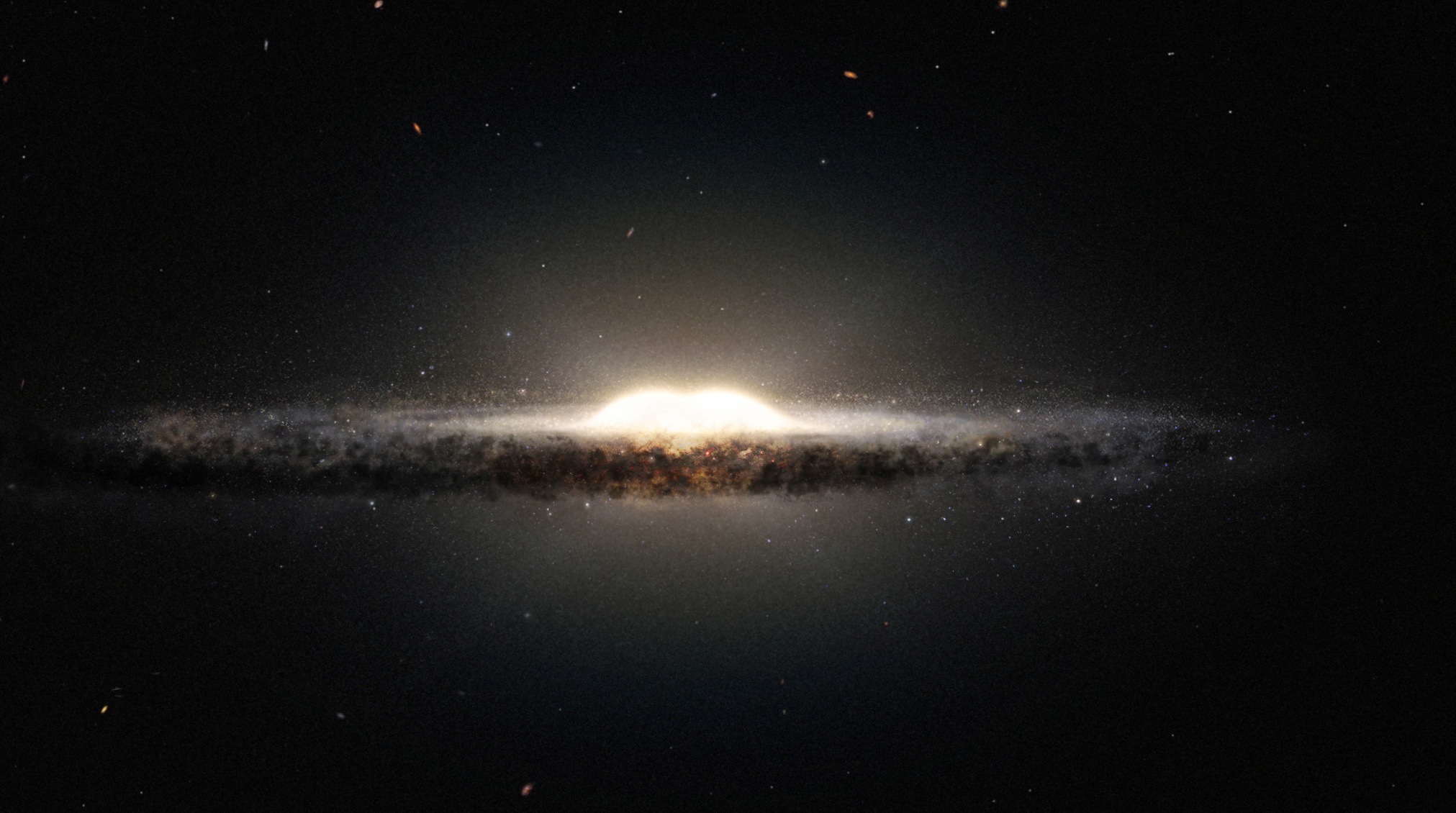 Cette vue d'artiste montre ce à quoi notre galaxie, la Voie lactée, ressemblerait, si nous l'observions depuis le dessus et sous un autre angle que celui sous lequel nous l'apercevons depuis la Terre. Le bulbe central apparaît sous la forme d'une cacahuète constituée d'étoiles rougeoyantes et les bras spiraux ainsi que les nuages de poussière associés forment une bande étroite. © Eso/Nasa/JPL-Caltech/M. Kornmesser/R. Hurt